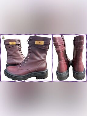 Tory Burch Burgundy Lace-Up Combat Boots with Gold Accent